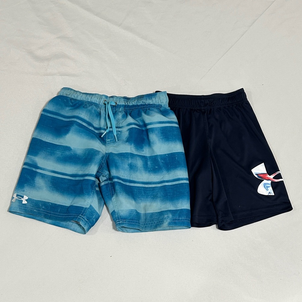 Under Armour Boys Small Blue Tie-Dye swim trunks and Size 7 Navy Shorts bundle